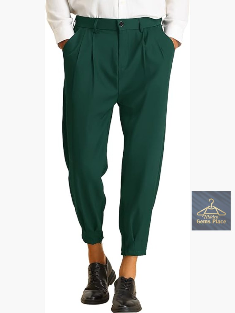 Pleated Front Tapered Chino Dress Trousers Cropped Pants Zip Fly